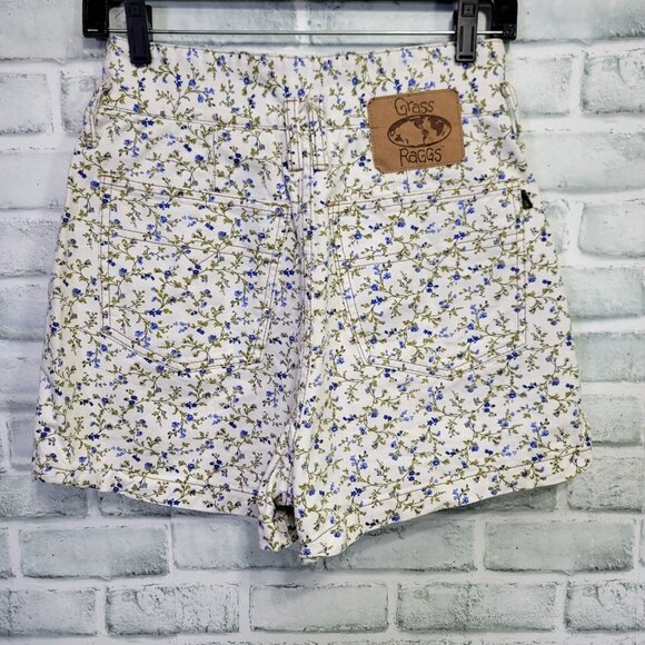Vintage 90s Grass Raggs Ditsy Floral Print Denim Hi Paper Bag Waist Jeans Shorts - Picture 5 of 10